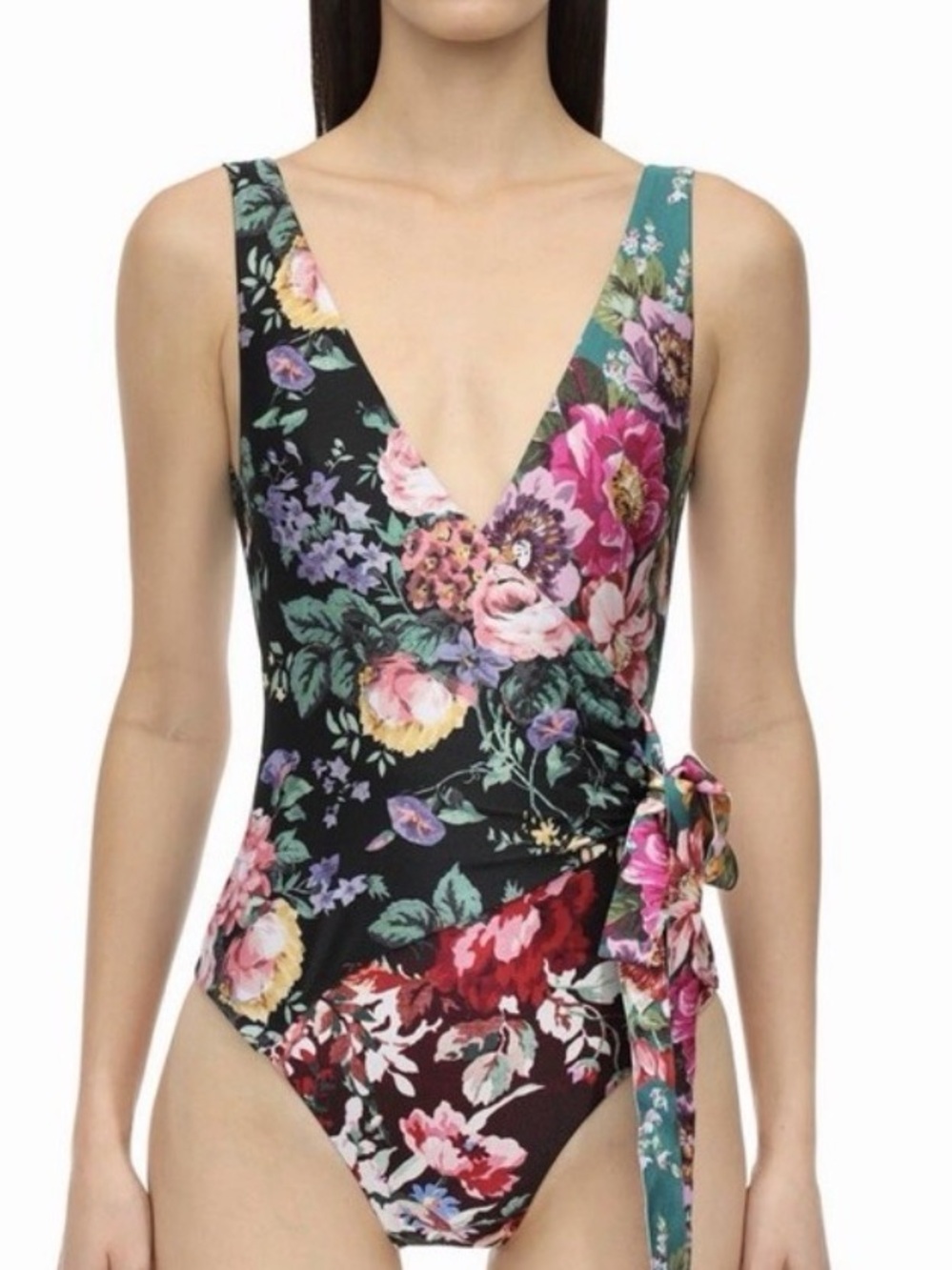 Zimmerman Floral Print One-Piece Swimsuit in Black and Teal